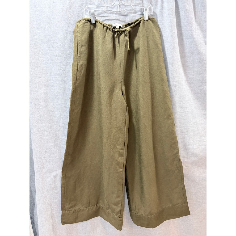 Onia Womens Olive Green Linen Blend Wide Leg Drawstring Cropped Pants M Travel
